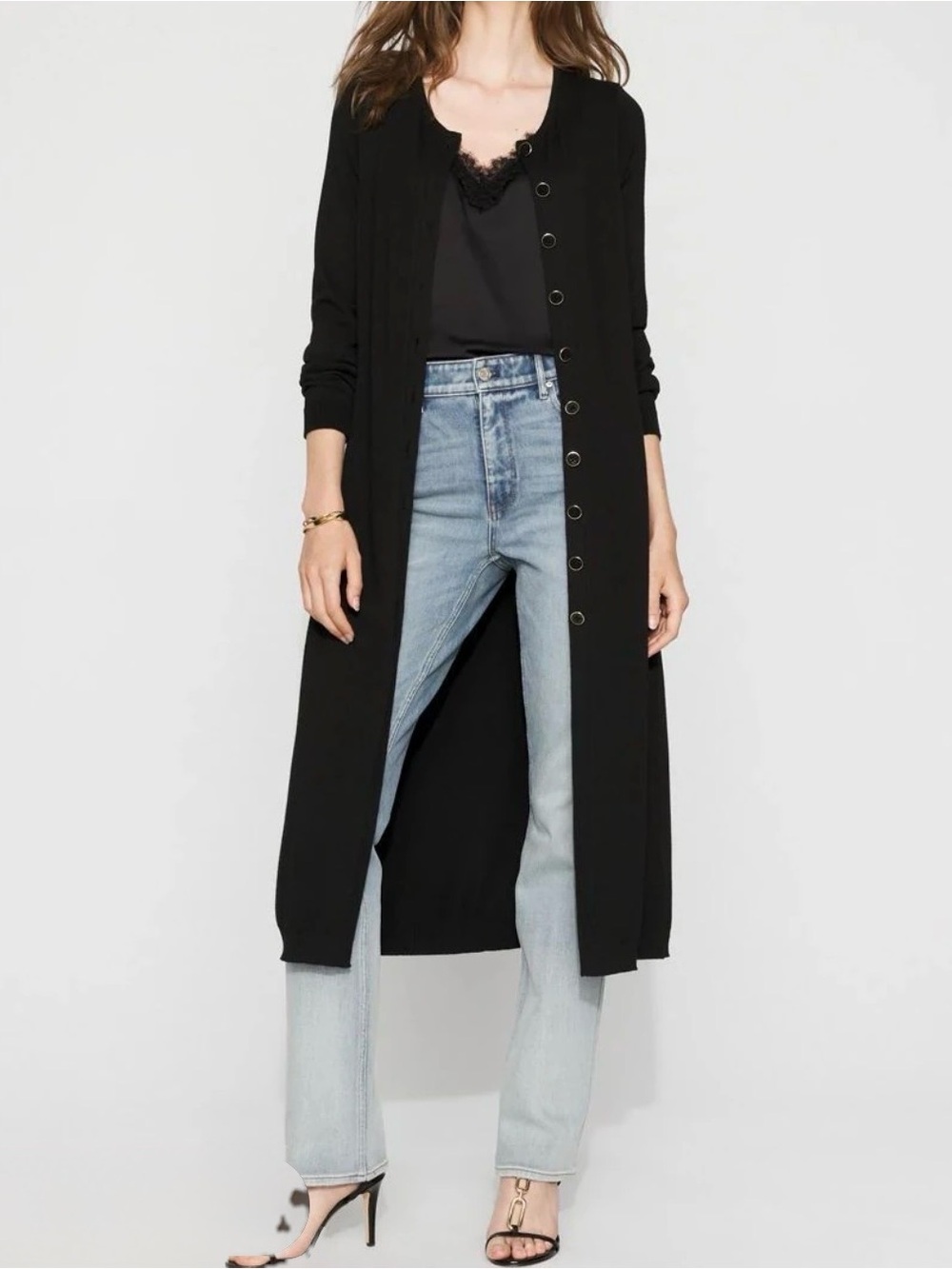 White House Black Market Black Ribbed Duster Cardigan Sweater Studded Cuffs S